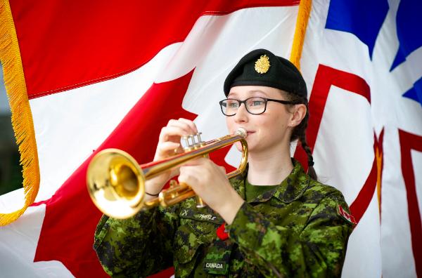 Memorial student Pte. Katie Thistle sounds the “Last Post” at Grenfell Campus’s Remembrance Day ceremony on November 8, 2019. Photo: Lori Lee Pike